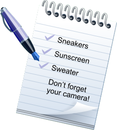 Sneakers Sunscreen Sweater Dont forget your camera!